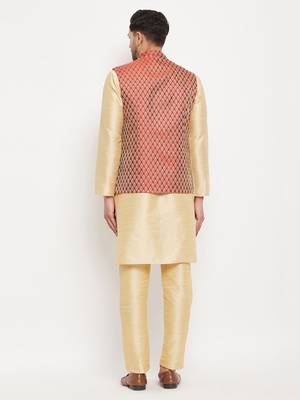 Maroon And Gold Silk Blend Jacket, Kurta And Pyjama Set 3