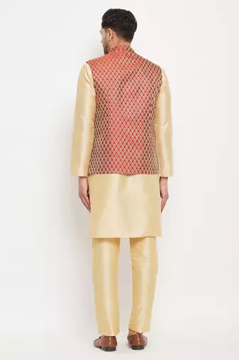 Maroon And Gold Silk Blend Jacket, Kurta And Pyjama Set