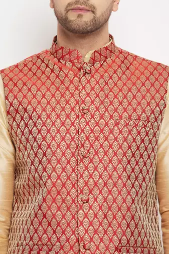 Maroon And Gold Silk Blend Jacket, Kurta And Pyjama Set