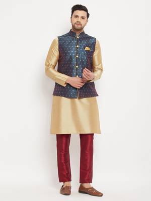 Blue And Rose Gold Silk Blend Jacket, Kurta And Pyjama Set 1