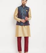 Men'S Blue And Rose Gold Silk Blend Jacket, Kurta And Pyjama Set