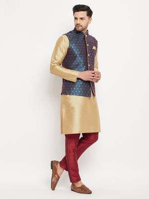 Blue And Rose Gold Silk Blend Jacket, Kurta And Pyjama Set 2