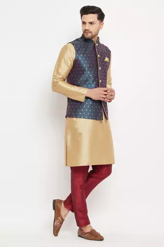 Blue And Rose Gold Silk Blend Jacket, Kurta And Pyjama Set