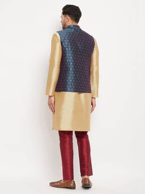 Blue And Rose Gold Silk Blend Jacket, Kurta And Pyjama Set 3