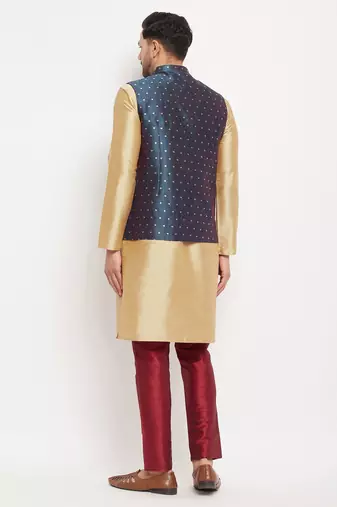 Blue And Rose Gold Silk Blend Jacket, Kurta And Pyjama Set
