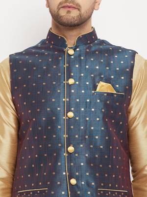 Blue And Rose Gold Silk Blend Jacket, Kurta And Pyjama Set 4