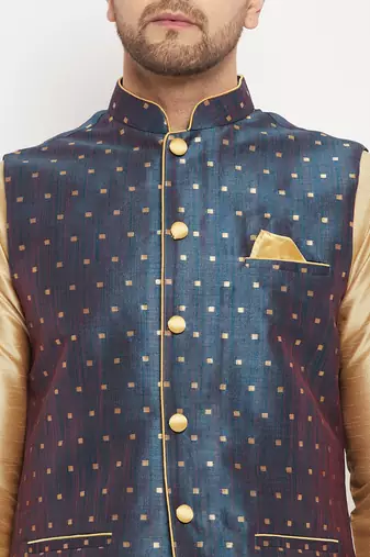 Blue And Rose Gold Silk Blend Jacket, Kurta And Pyjama Set