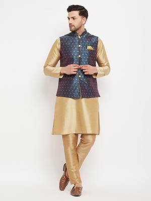 Blue And Rose Gold Silk Blend Jacket, Kurta And Pyjama Set 1