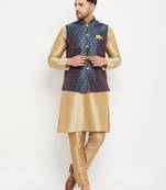 Blue And Rose Gold Silk Blend Jacket, Kurta And Pyjama Set