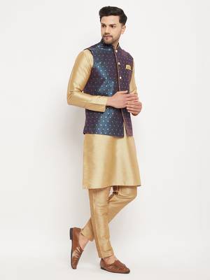 Blue And Rose Gold Silk Blend Jacket, Kurta And Pyjama Set 2