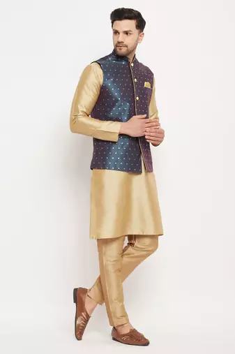 Blue And Rose Gold Silk Blend Jacket, Kurta And Pyjama Set