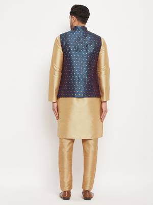 Blue And Rose Gold Silk Blend Jacket, Kurta And Pyjama Set 3