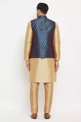 Blue And Rose Gold Silk Blend Jacket, Kurta And Pyjama Set