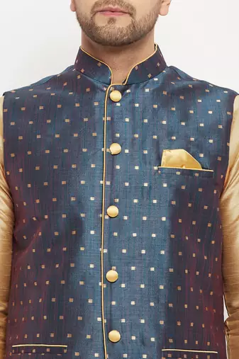 Blue And Rose Gold Silk Blend Jacket, Kurta And Pyjama Set