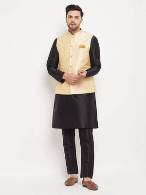 Black And Gold Silk Blend Jacket, Kurta And Pyjama Set 1