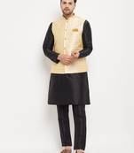 Men'S Black And Gold Silk Blend Jacket, Kurta And Pyjama Set