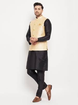 Black And Gold Silk Blend Jacket, Kurta And Pyjama Set 2