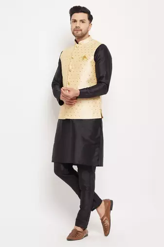 Black And Gold Silk Blend Jacket, Kurta And Pyjama Set
