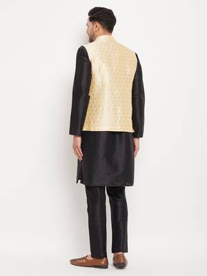 Black And Gold Silk Blend Jacket, Kurta And Pyjama Set 3