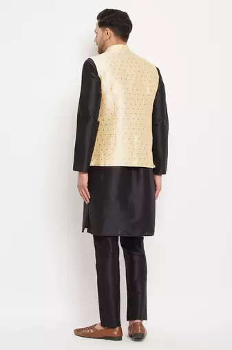Black And Gold Silk Blend Jacket, Kurta And Pyjama Set