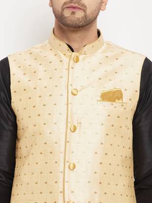 Black And Gold Silk Blend Jacket, Kurta And Pyjama Set 4