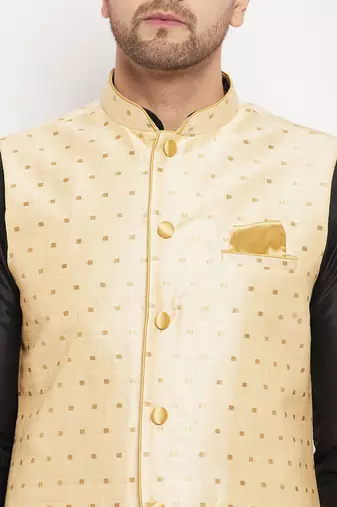 Black And Gold Silk Blend Jacket, Kurta And Pyjama Set