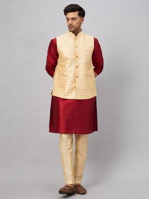 Maroon And Gold Silk Blend Jacket, Kurta And Pyjama Set 1