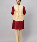 Maroon And Gold Silk Blend Jacket, Kurta And Pyjama Set