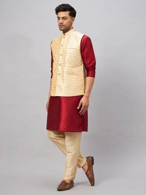 Maroon And Gold Silk Blend Jacket, Kurta And Pyjama Set 2