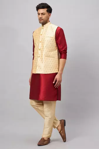 Maroon And Gold Silk Blend Jacket, Kurta And Pyjama Set
