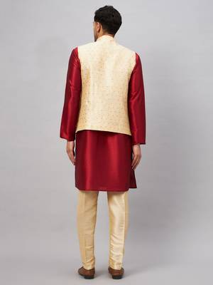 Maroon And Gold Silk Blend Jacket, Kurta And Pyjama Set 3