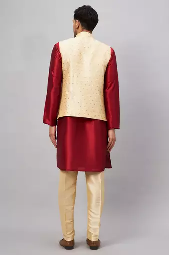 Maroon And Gold Silk Blend Jacket, Kurta And Pyjama Set