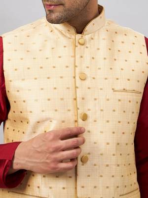 Maroon And Gold Silk Blend Jacket, Kurta And Pyjama Set 4