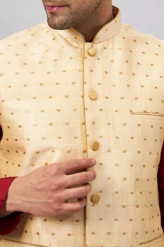 Maroon And Gold Silk Blend Jacket, Kurta And Pyjama Set