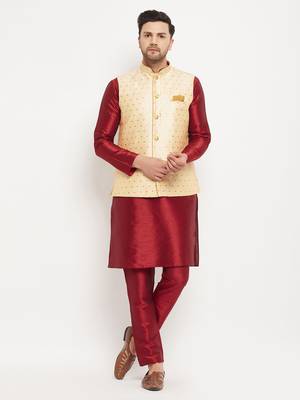 Maroon And Gold Silk Blend Jacket, Kurta And Pyjama Set 1