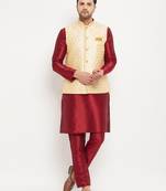 Men'S Maroon And Gold Silk Blend Jacket, Kurta And Pyjama Set