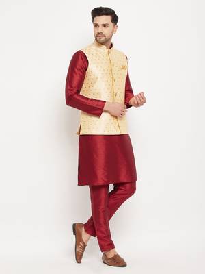 Maroon And Gold Silk Blend Jacket, Kurta And Pyjama Set 2