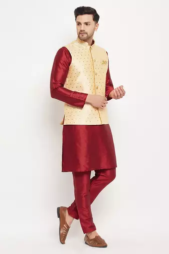 Maroon And Gold Silk Blend Jacket, Kurta And Pyjama Set