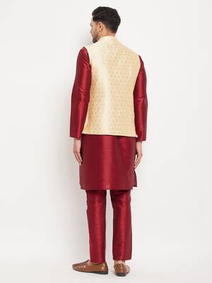 Maroon And Gold Silk Blend Jacket, Kurta And Pyjama Set 3