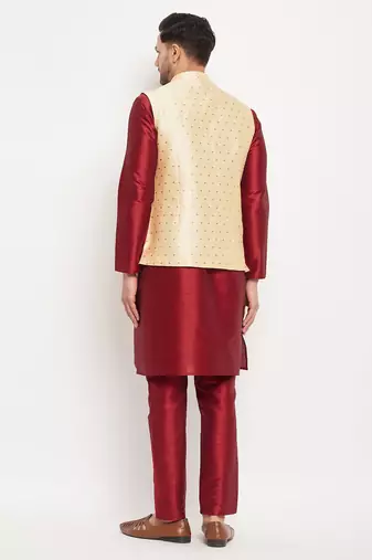 Maroon And Gold Silk Blend Jacket, Kurta And Pyjama Set