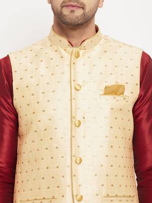 Maroon And Gold Silk Blend Jacket, Kurta And Pyjama Set 4