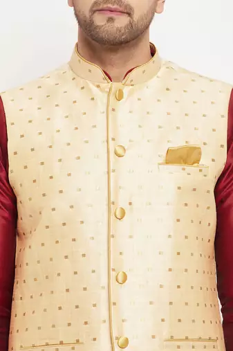 Maroon And Gold Silk Blend Jacket, Kurta And Pyjama Set