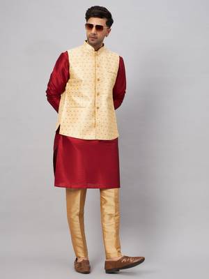 Maroon And Rose Gold Silk Blend Jacket, Kurta And Pyjama Set 1