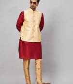 Maroon And Rose Gold Silk Blend Jacket, Kurta And Pyjama Set