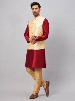 Maroon And Rose Gold Silk Blend Jacket, Kurta And Pyjama Set 2
