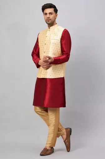 Maroon And Rose Gold Silk Blend Jacket, Kurta And Pyjama Set
