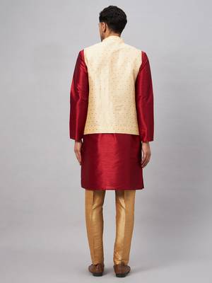 Maroon And Rose Gold Silk Blend Jacket, Kurta And Pyjama Set 3