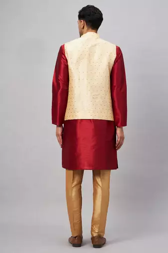 Maroon And Rose Gold Silk Blend Jacket, Kurta And Pyjama Set