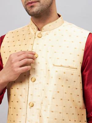 Maroon And Rose Gold Silk Blend Jacket, Kurta And Pyjama Set 4