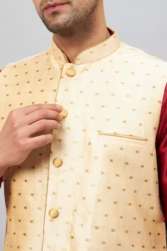 Maroon And Rose Gold Silk Blend Jacket, Kurta And Pyjama Set